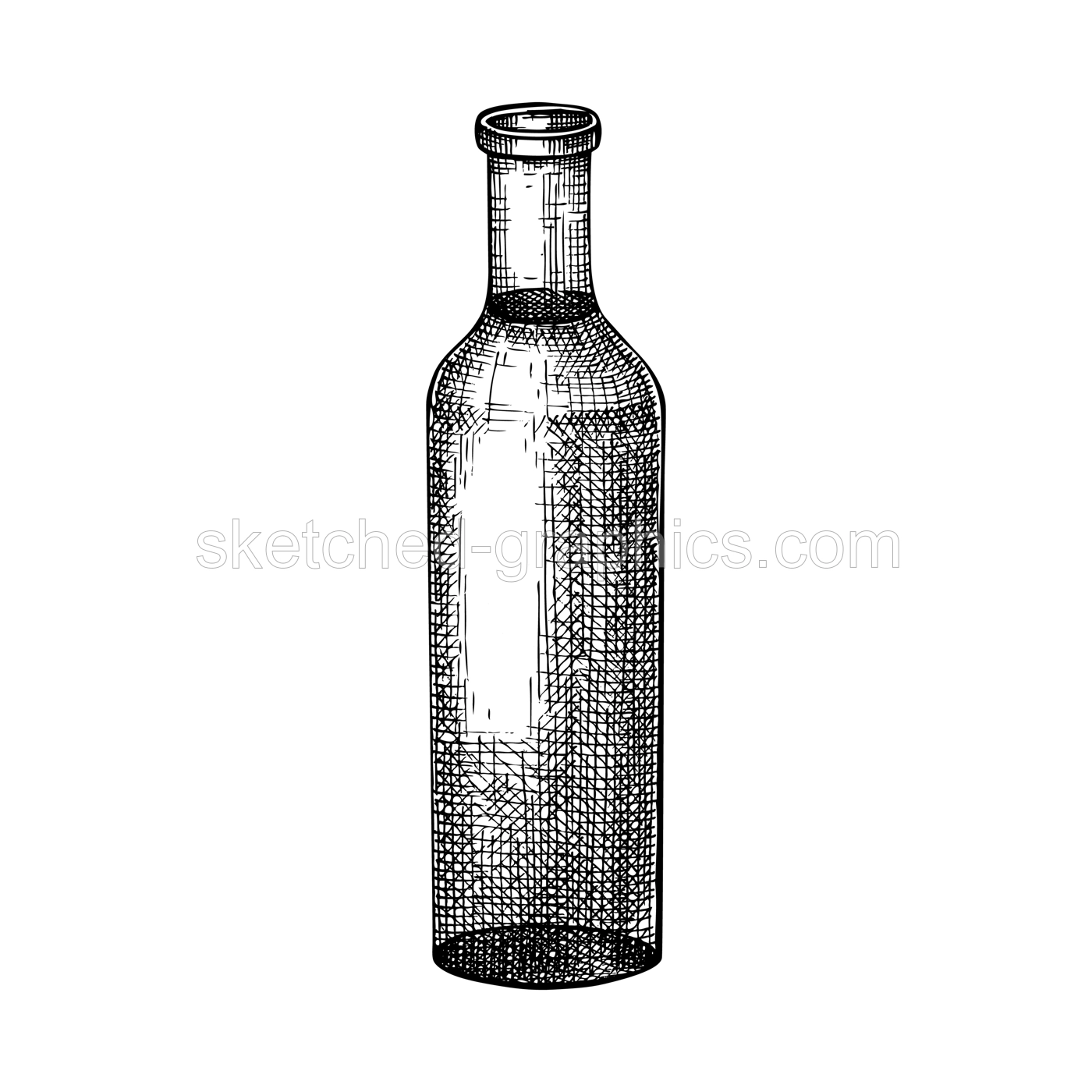 Hand sketched bottle with liquid in vintage style. Glassware drawing for beverages, winery, cosmetics, or perfume. Wine bottle sketch. Glass bottle isolated on white Illustration